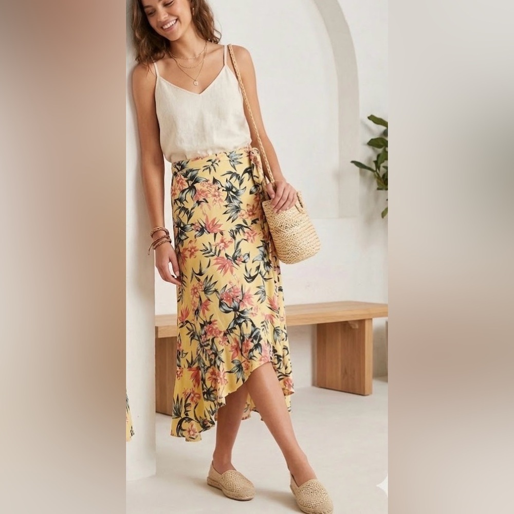 Divided Tropical Floral Ruffle Skirt - Summer Boho High-Low Maxi Size 10